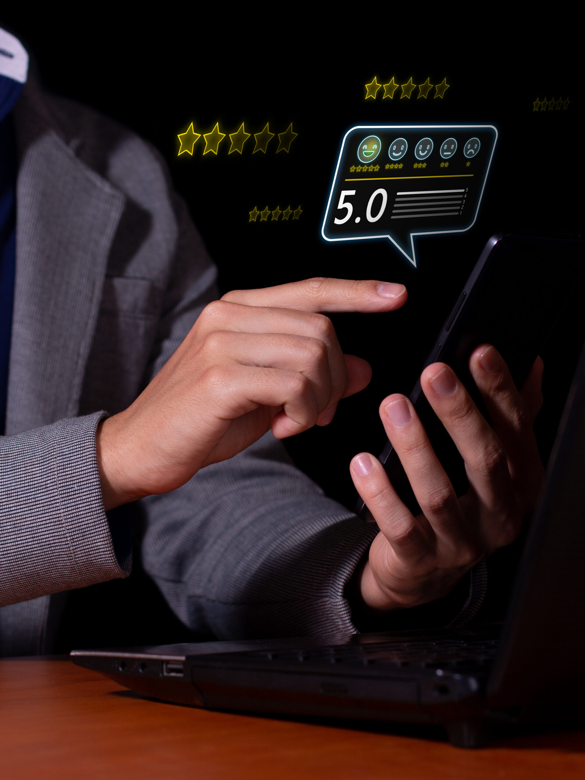 Vertical image of Business Reputation Boost: Customer Review and Service Evaluation in Online App. Concept of customer service experience and evaluation